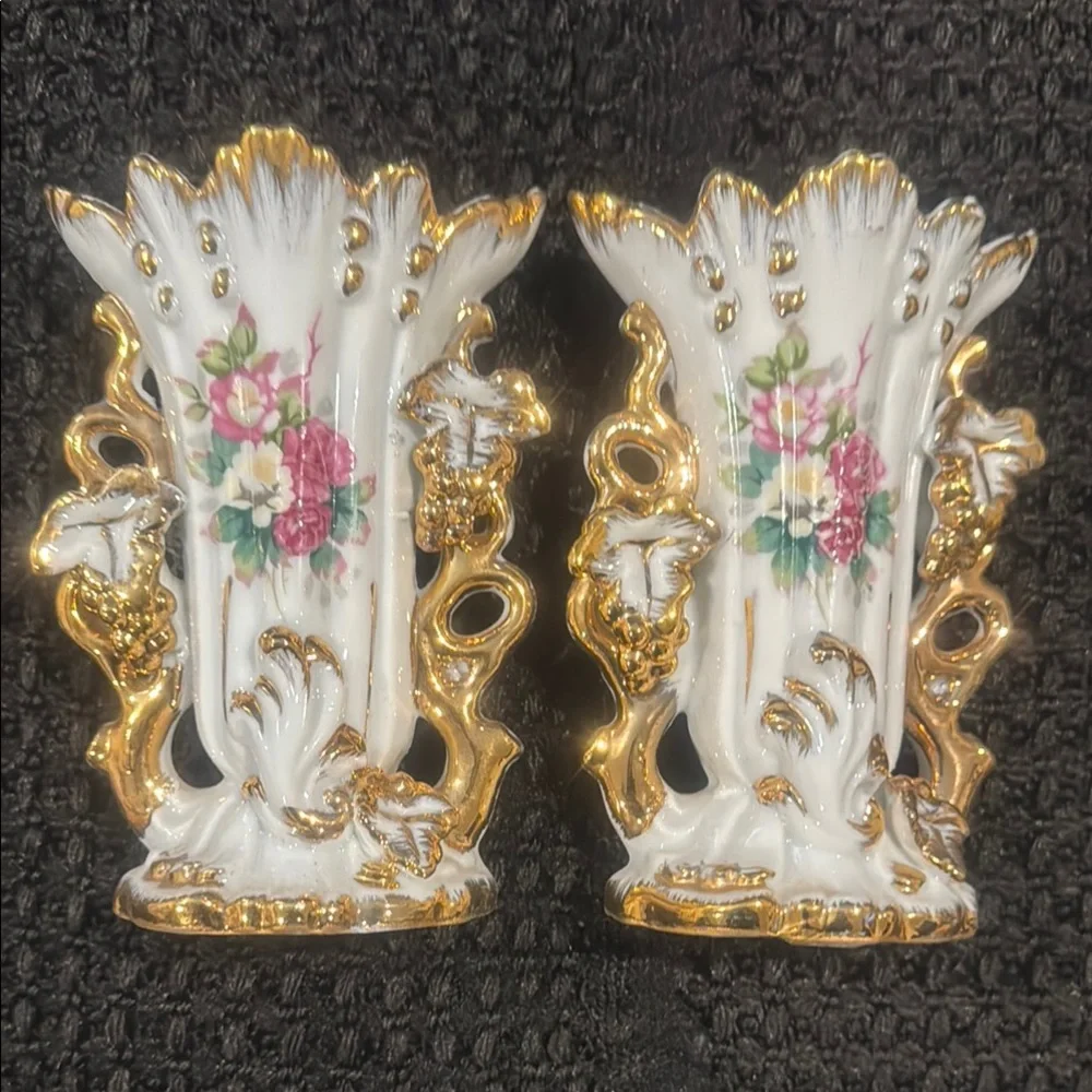 Vintage Victorian Style White Porcelain Vases with Gold Trim